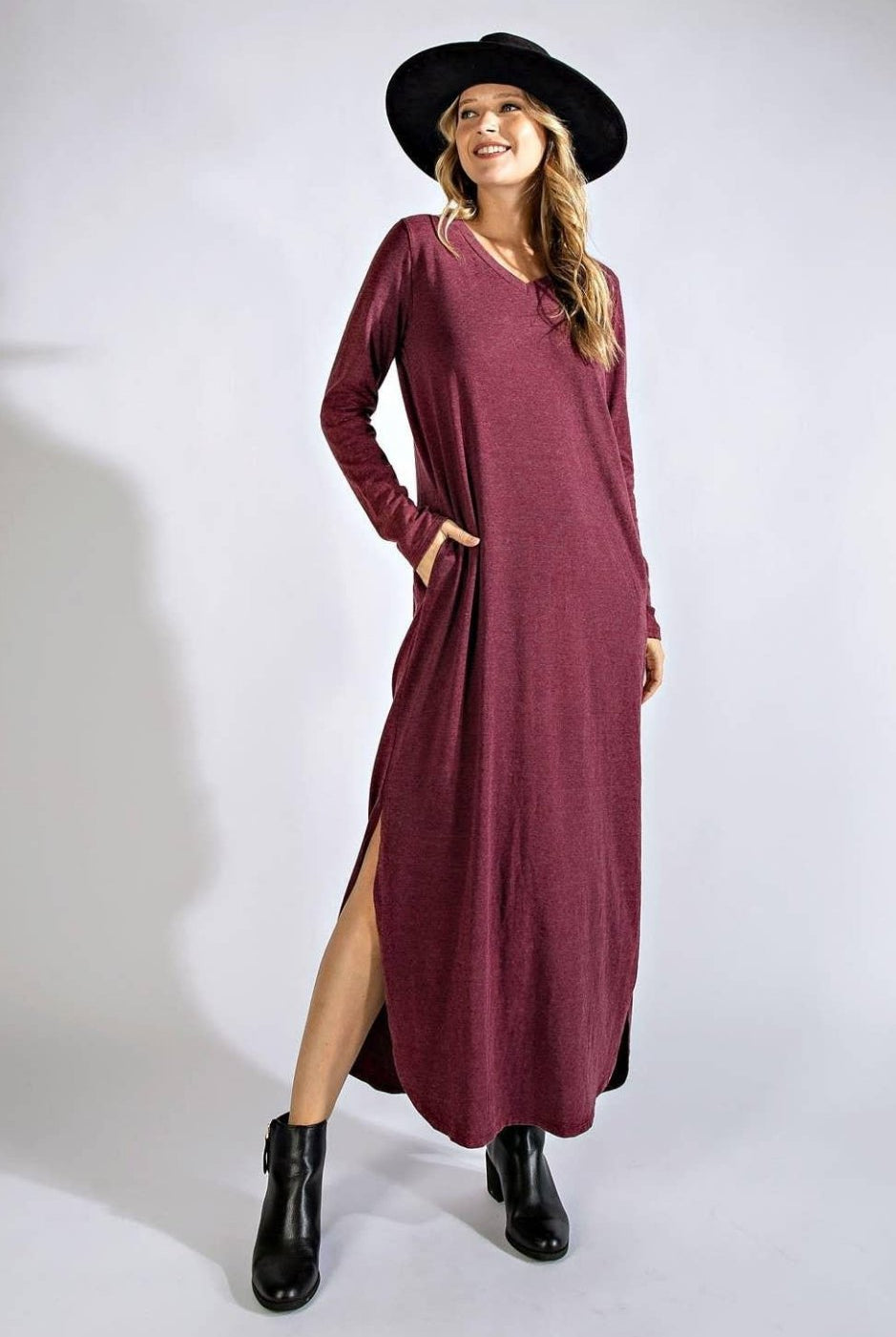 Mineral Wash Long Sleeve Maxi Dress - Wine - Bunky & Marie's Boutique