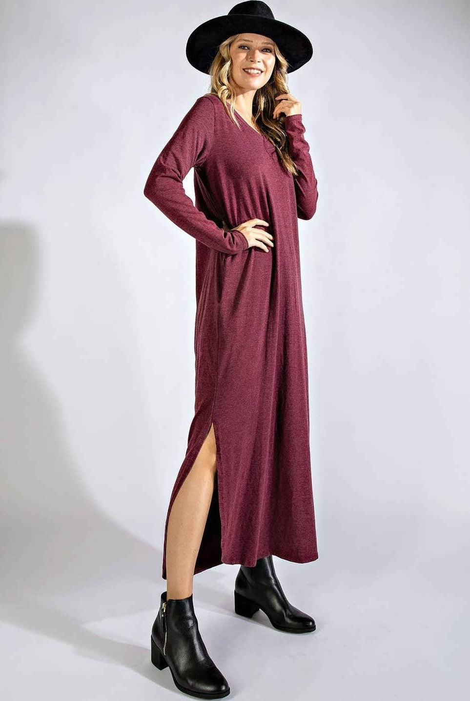 Mineral Wash Long Sleeve Maxi Dress - Wine - Bunky & Marie's Boutique